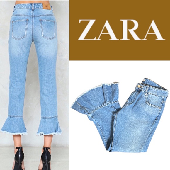 ZARA MIDRISE CROPPED FRILL RUFFLED JEANS